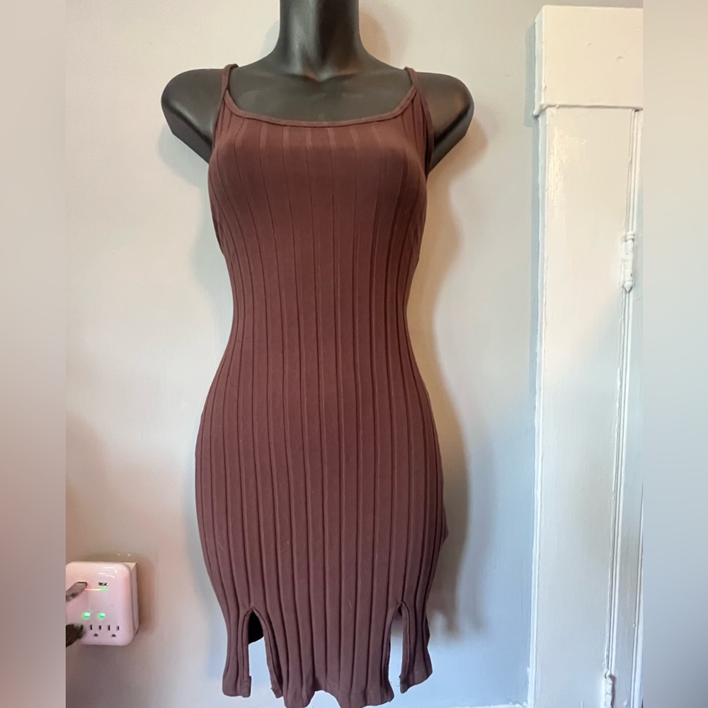 SHEIN Chocolate Brown Ribbed Midi Dress